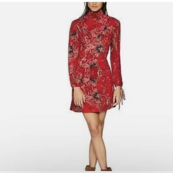 Free People All Dolled Up Women’s Red Paisley Pattern Mock Neck Boho Mini Dress - Picture 5 of 15